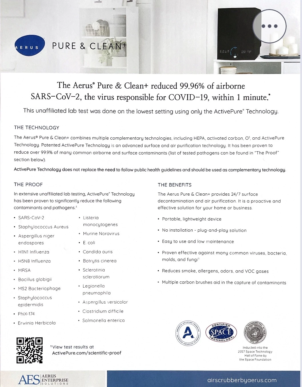 Aerus Pure & Clean+ air purifier product information sheet